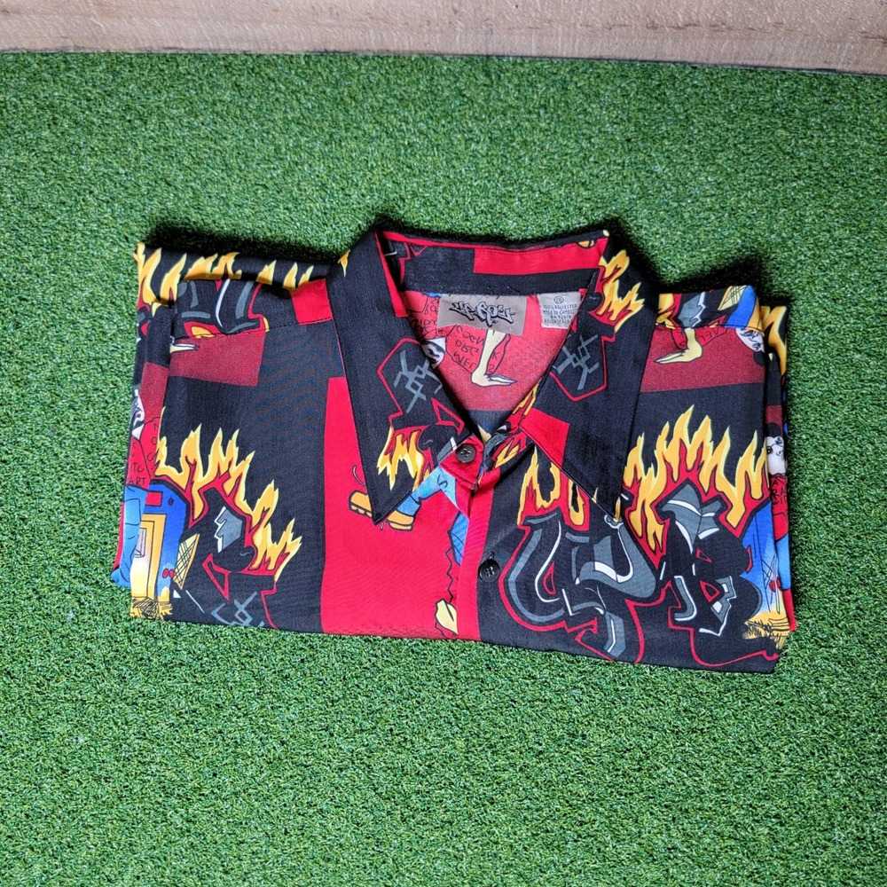 Up Roar‎ Graphic Button Up Shirt Short Sleeve Fire Print Black Red XXL